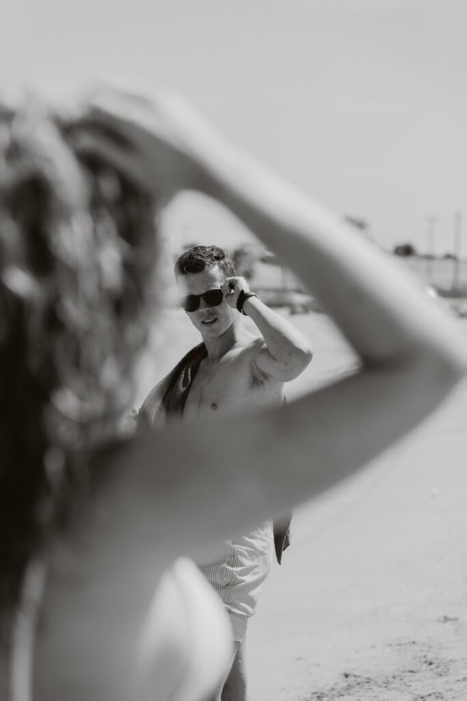 editorial portrait of a destination wedding on the beach in paros vogue in black and white by Sawyer & Co
